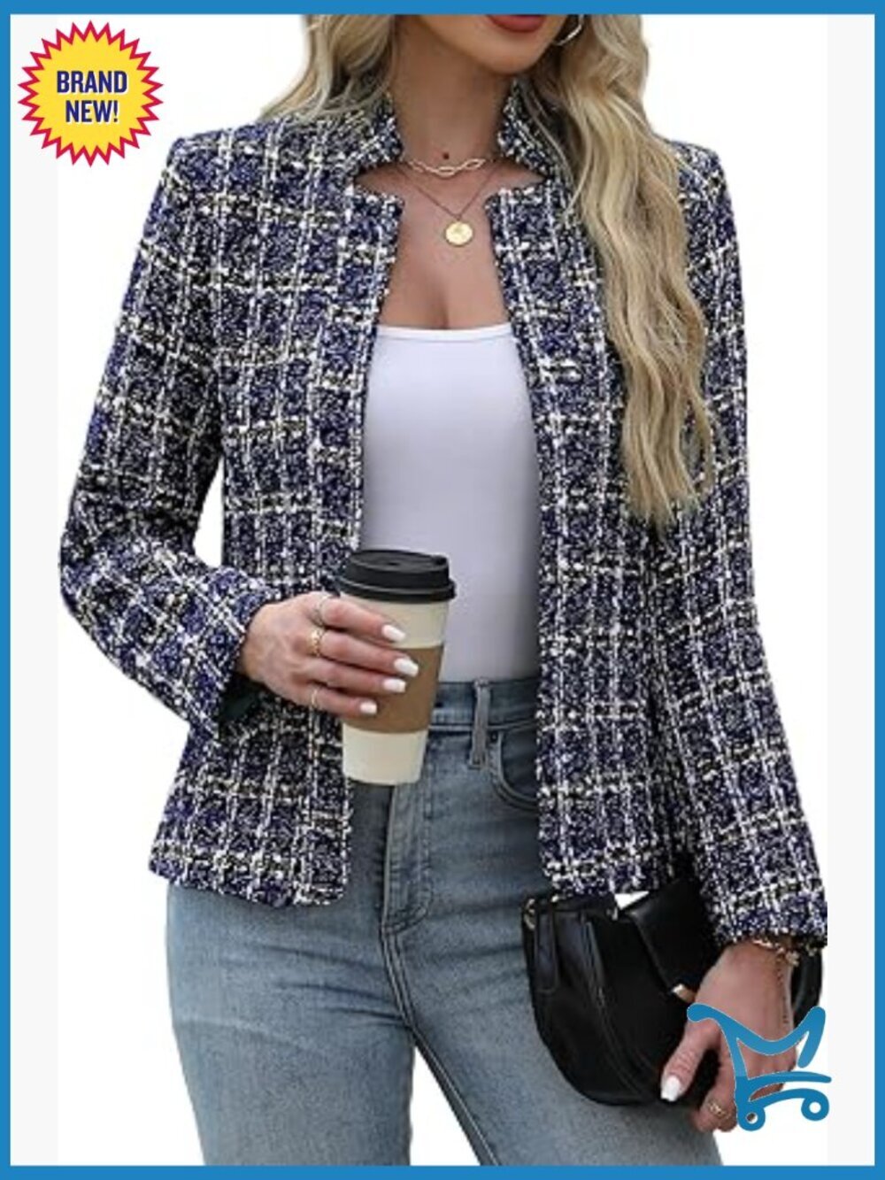 Tweed Open Front Blazer Long Sleeve Jacket Notch Collar Fully Lined Casual Work